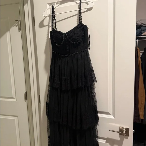 Self-Portrait Black Tiered Mesh Midi Dress with Spaghetti Straps - Picture 4 of 6